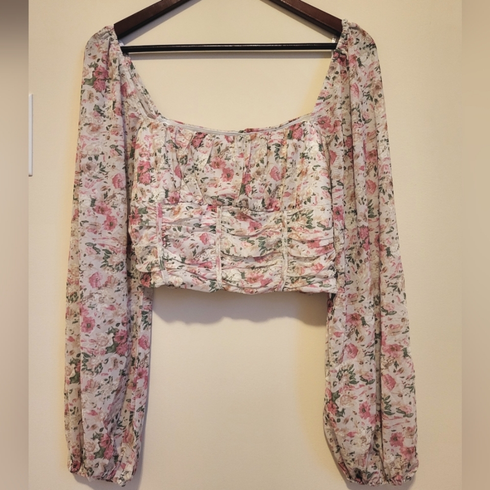 Ivory Floral Print Mesh Balloon Sleeve Crop Top